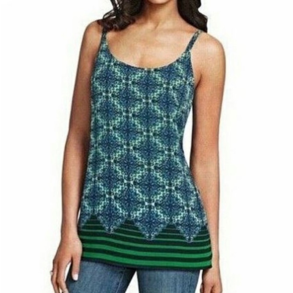 CAbi Sleeveless Blue and Green Patterned Blouse